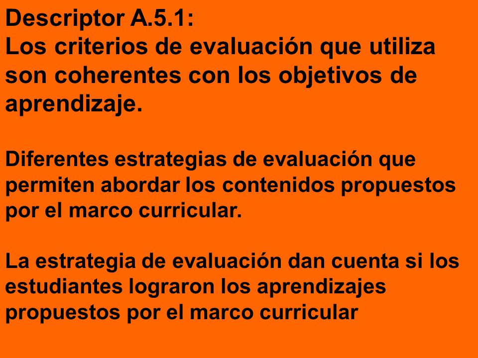 Descriptor A.5.1: Los criterios de evaluación que utiliza son coherentes con los objetivos de aprendizaje.