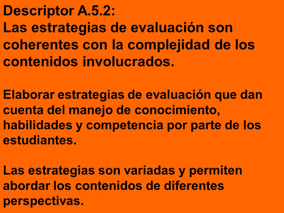 Descriptor A.5.2: Las estrategias de evaluación son coherentes con la complejidad de los contenidos involucrados.