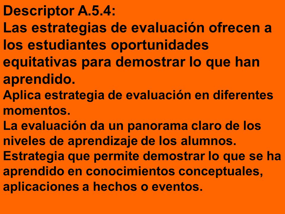 Descriptor A.5.4: Las estrategias de evaluación ofrecen a los estudiantes oportunidades equitativas para demostrar lo que han aprendido.