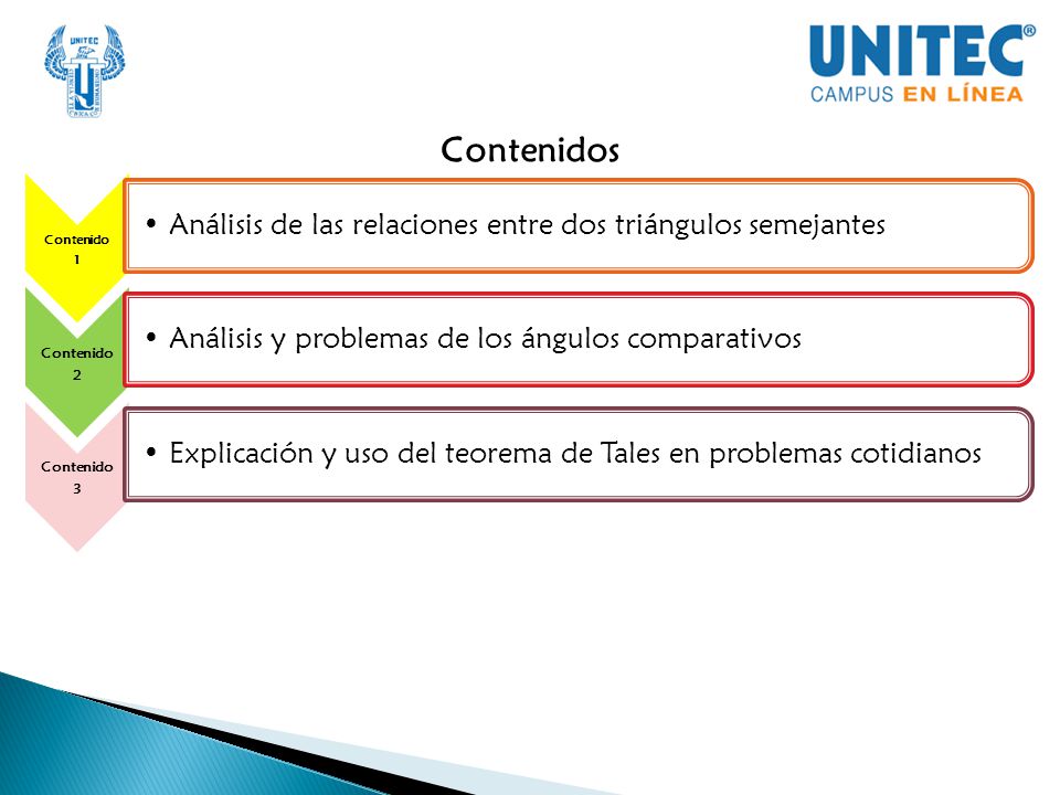 Contenidos Contenido. 1. Análisis de las relaciones entre dos triángulos semejantes. 2. Análisis y problemas de los ángulos comparativos.