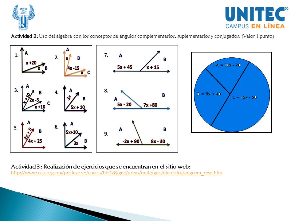 Actividad 2: Uso del álgebra con los conceptos de ángulos complementarios, suplementarios y conjugados. (Valor 1 punto)