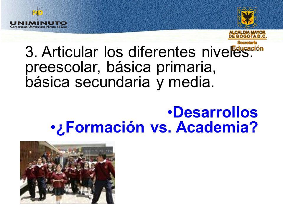 3. Articular los diferentes niveles: preescolar, básica primaria, básica secundaria y media.