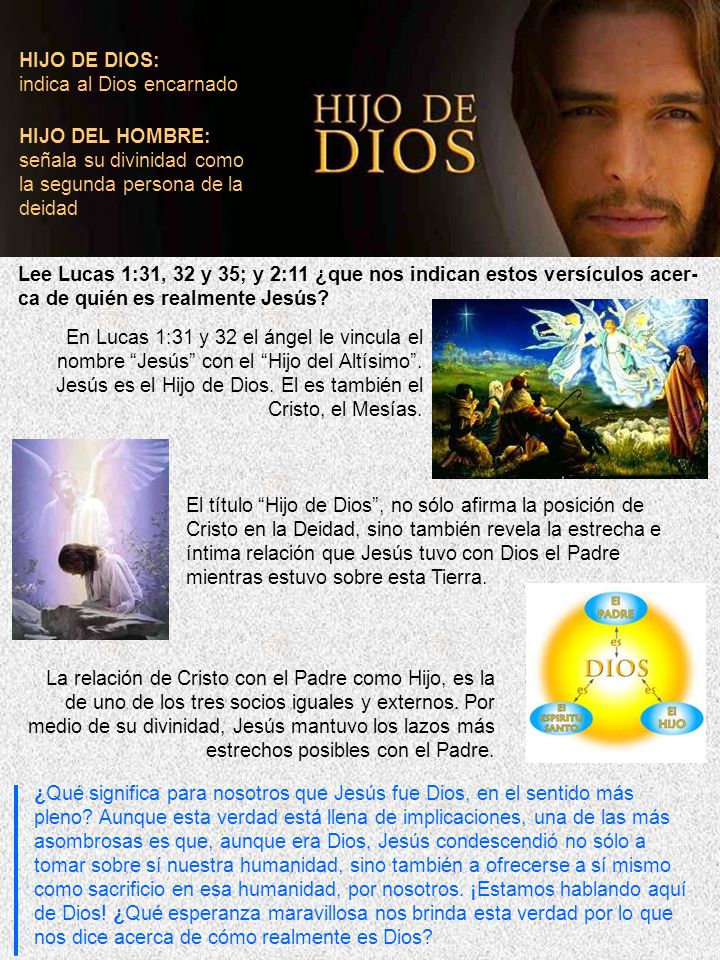 HIJO DE DIOS: indica al Dios encarnado. HIJO DEL HOMBRE: señala su divinidad como la segunda persona de la deidad.