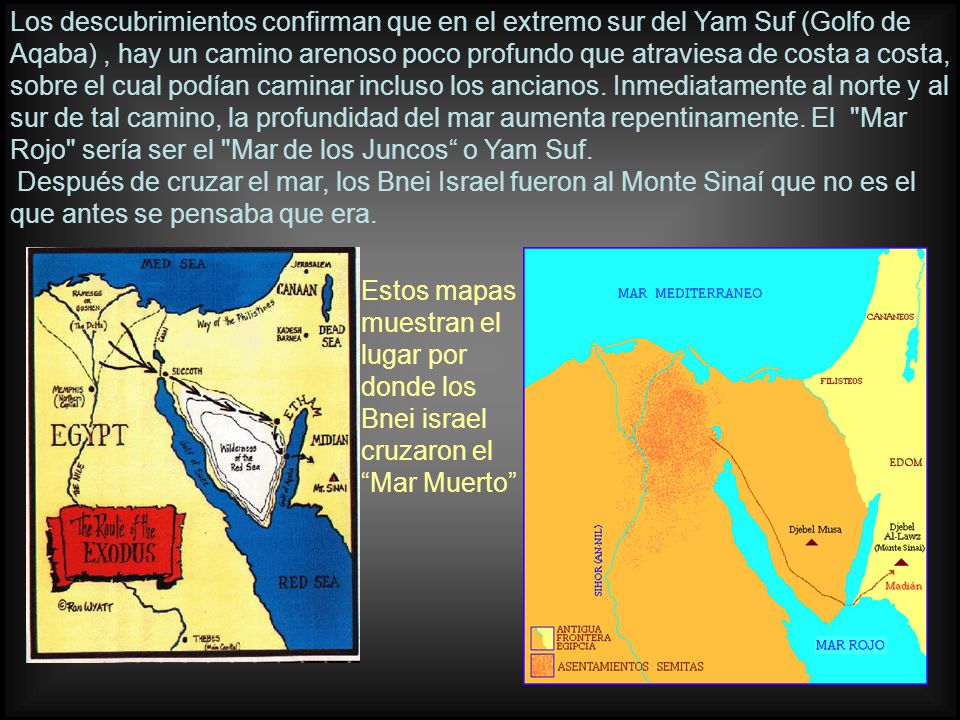 Los descubrimientos confirman que en el extremo sur del Yam Suf (Golfo de Aqaba) , hay un camino arenoso poco profundo que atraviesa de costa a costa, sobre el cual podían caminar incluso los ancianos. Inmediatamente al norte y al sur de tal camino, la profundidad del mar aumenta repentinamente. El Mar Rojo sería ser el Mar de los Juncos o Yam Suf.