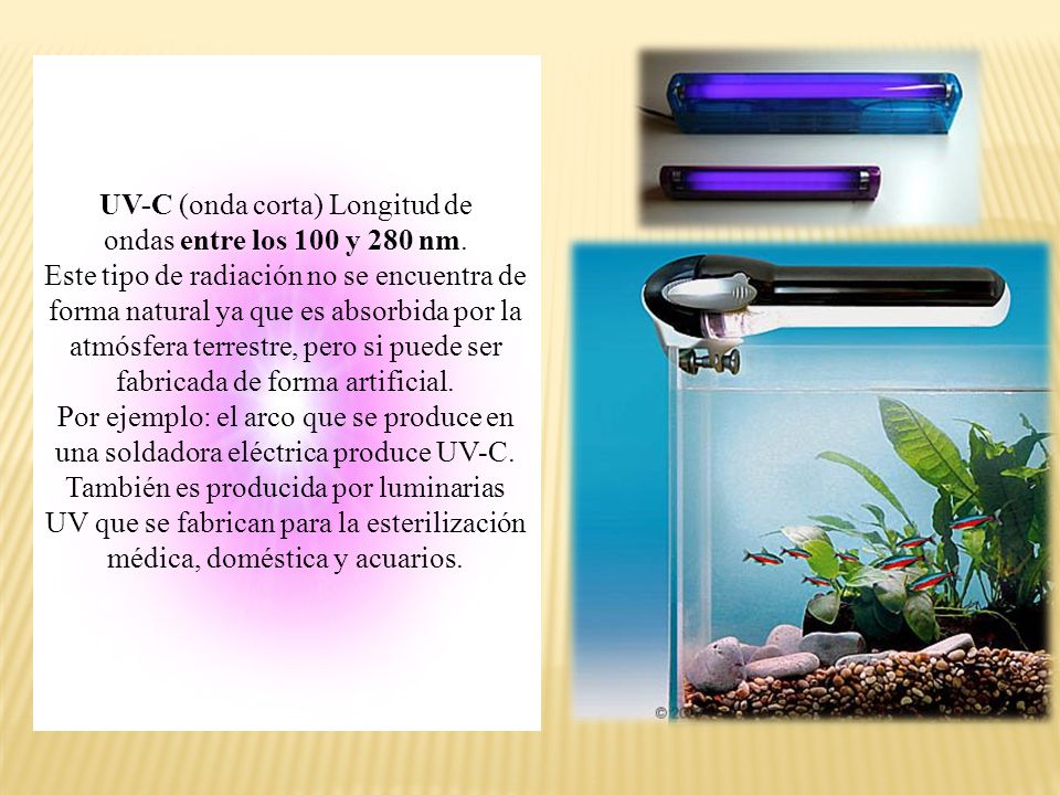 UV-C (onda corta) Longitud de ondas entre los 100 y 280 nm.