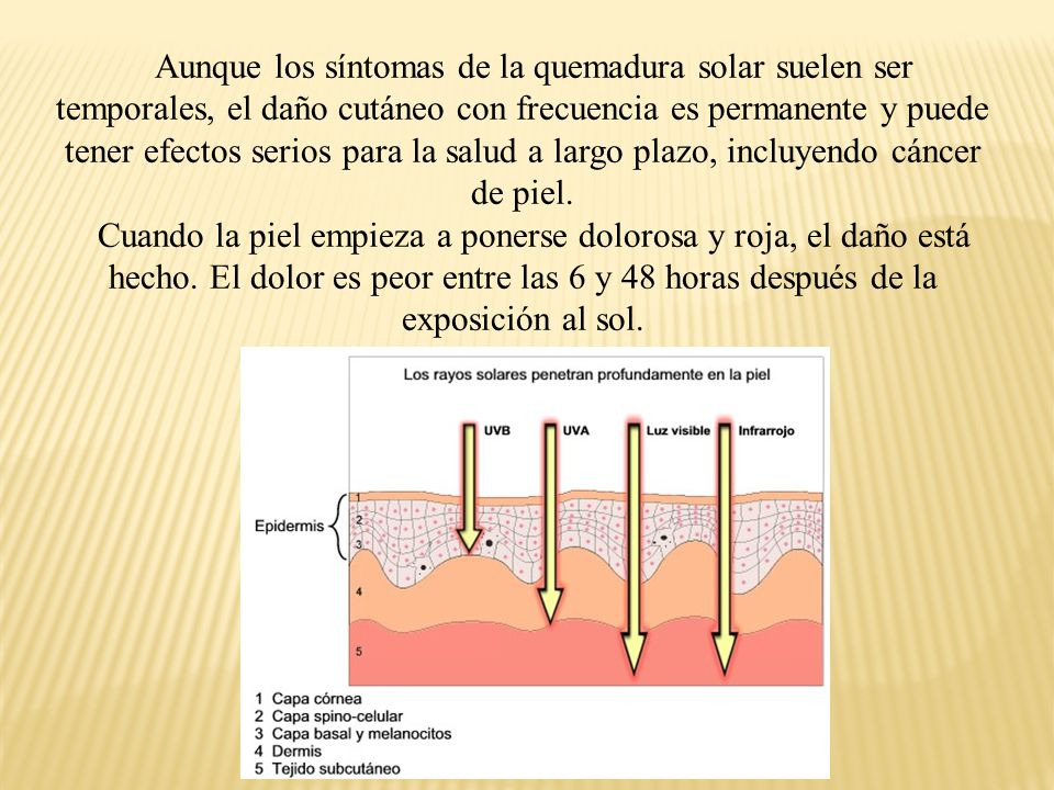 Aunque los síntomas de la quemadura solar suelen ser temporales, el daño cutáneo con frecuencia es permanente y puede tener efectos serios para la salud a largo plazo, incluyendo cáncer de piel.
