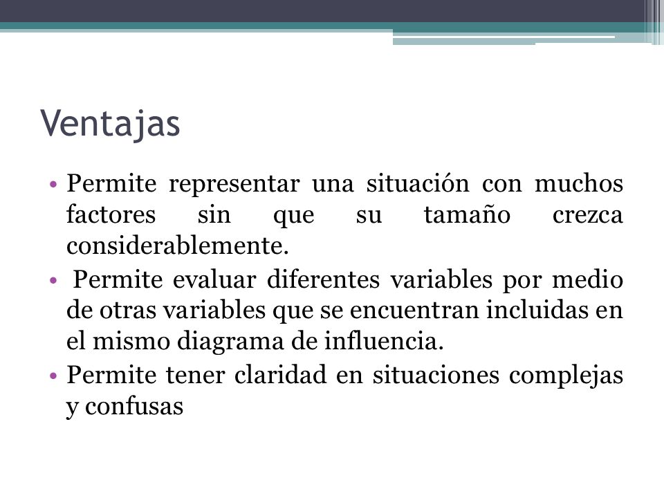Ventajas Permite representar una situación con muchos factores sin que su tamaño crezca considerablemente.