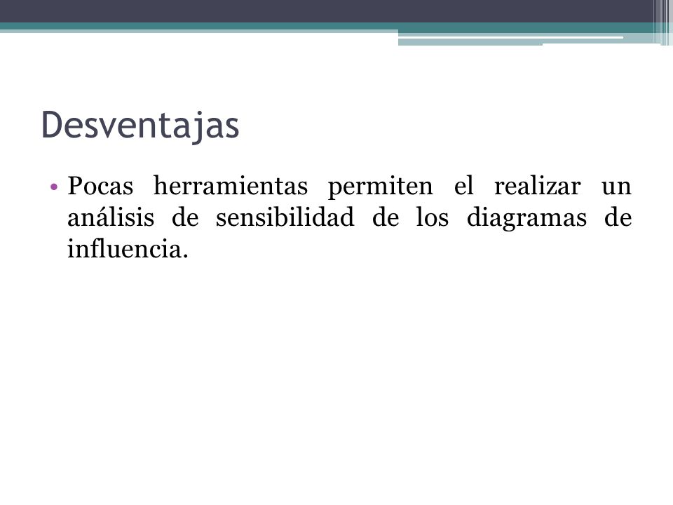 Desventajas Pocas herramientas permiten el realizar un análisis de sensibilidad de los diagramas de influencia.