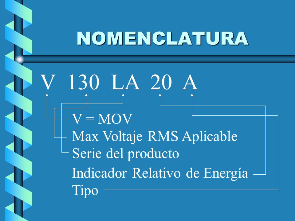 V 130 LA 20 A NOMENCLATURA V = MOV Max Voltaje RMS Aplicable