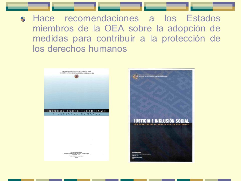 Hace recomendaciones a los Estados miembros de la OEA sobre la adopción de medidas para contribuir a la protección de los derechos humanos