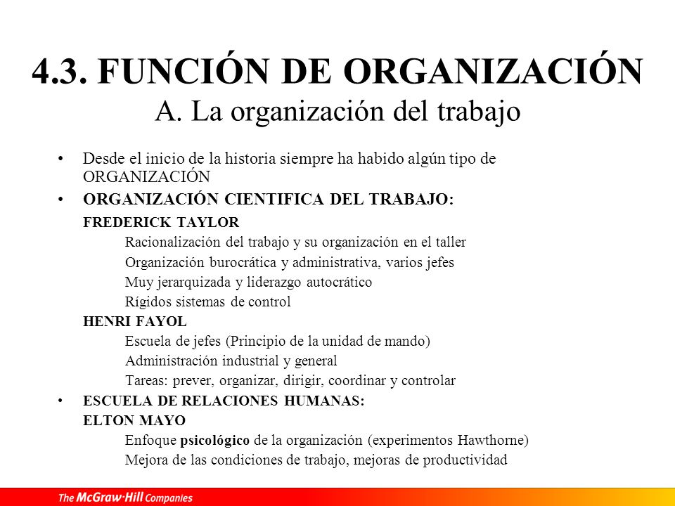 4.3. FUNCIÓN DE ORGANIZACIÓN A. La organización del trabajo