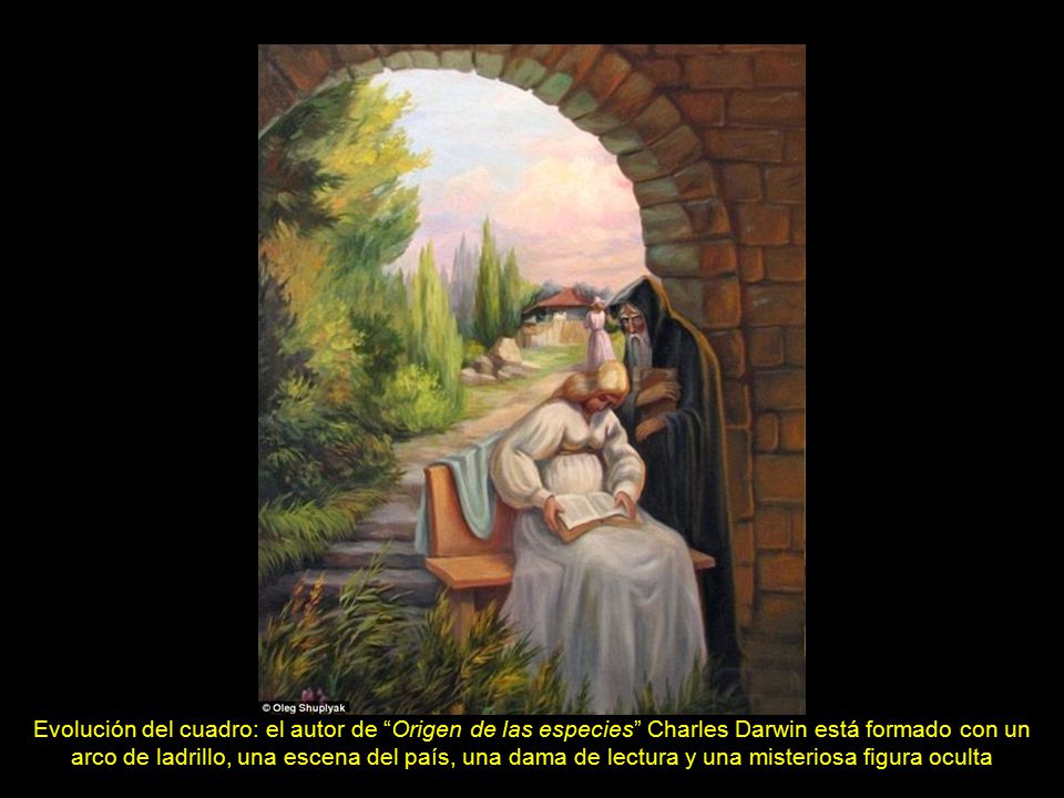 Evolución del cuadro: el autor de Origen de las especies Charles Darwin está formado con un arco de ladrillo, una escena del país, una dama de lectura y una misteriosa figura oculta