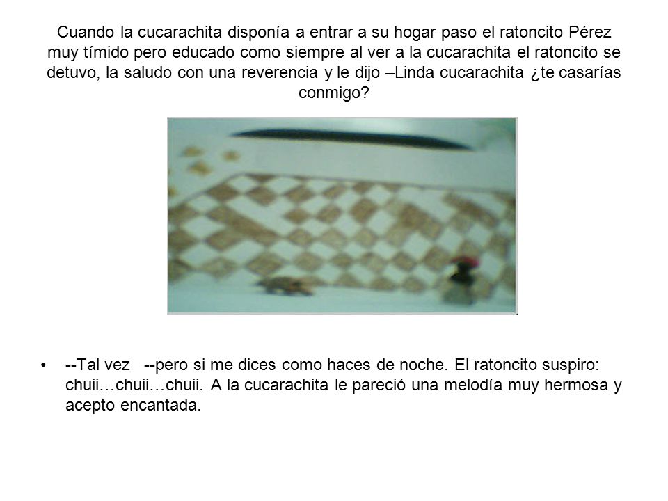 Cuando la cucarachita disponía a entrar a su hogar paso el ratoncito Pérez muy tímido pero educado como siempre al ver a la cucarachita el ratoncito se detuvo, la saludo con una reverencia y le dijo –Linda cucarachita ¿te casarías conmigo
