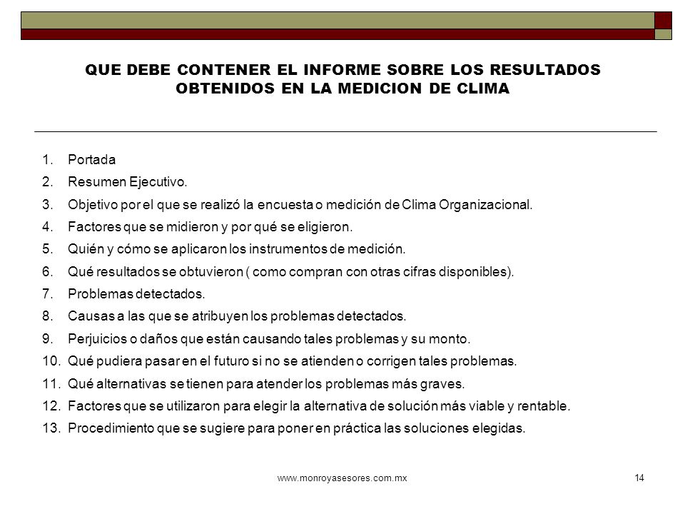 QUE DEBE CONTENER EL INFORME SOBRE LOS RESULTADOS OBTENIDOS EN LA MEDICION DE CLIMA