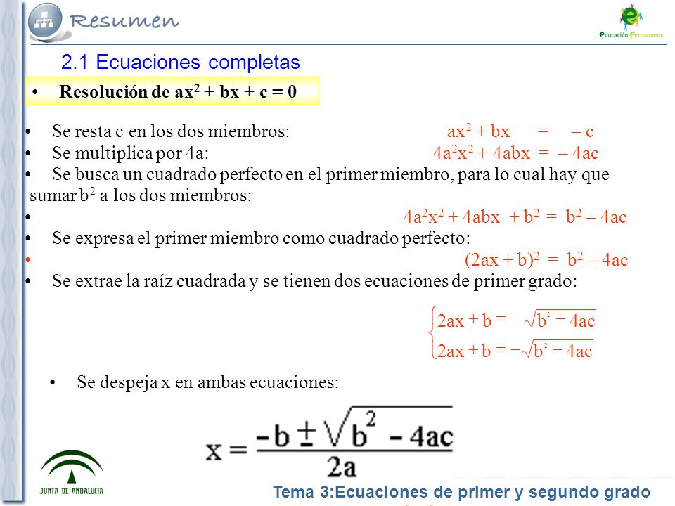 2.1 Ecuaciones completas Resolución de ax2 + bx + c = 0