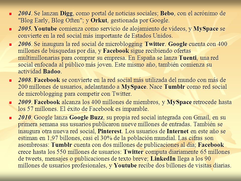 2004. Se lanzan Digg, como portal de noticias sociales; Bebo, con el acrónimo de Blog Early, Blog Often ; y Orkut, gestionada por Google.