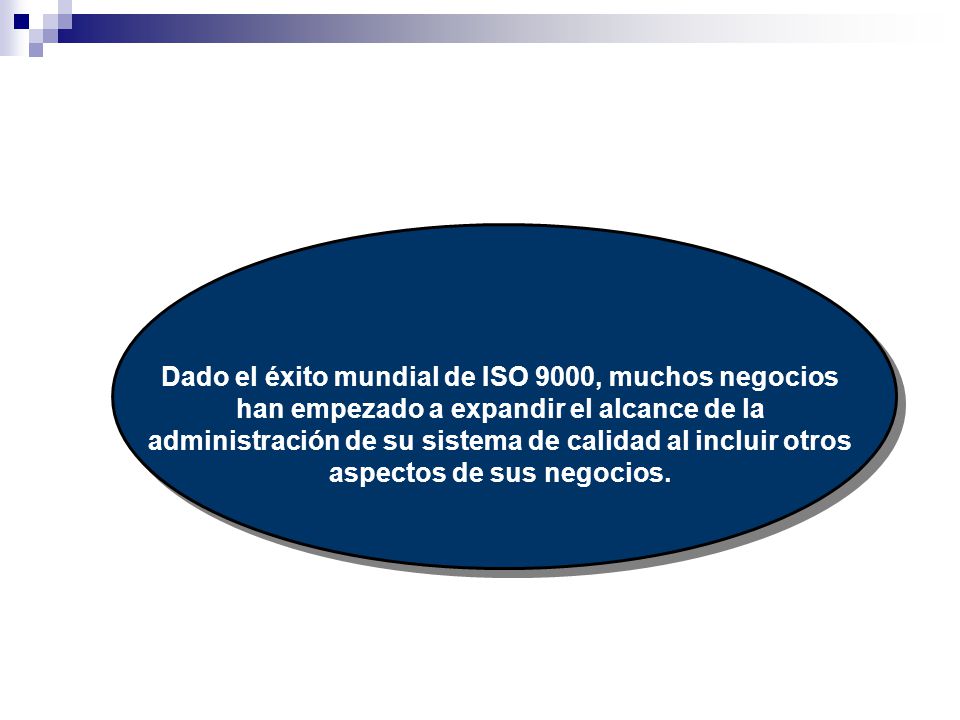 Dado el éxito mundial de ISO 9000, muchos negocios han empezado a expandir el alcance de la administración de su sistema de calidad al incluir otros aspectos de sus negocios.