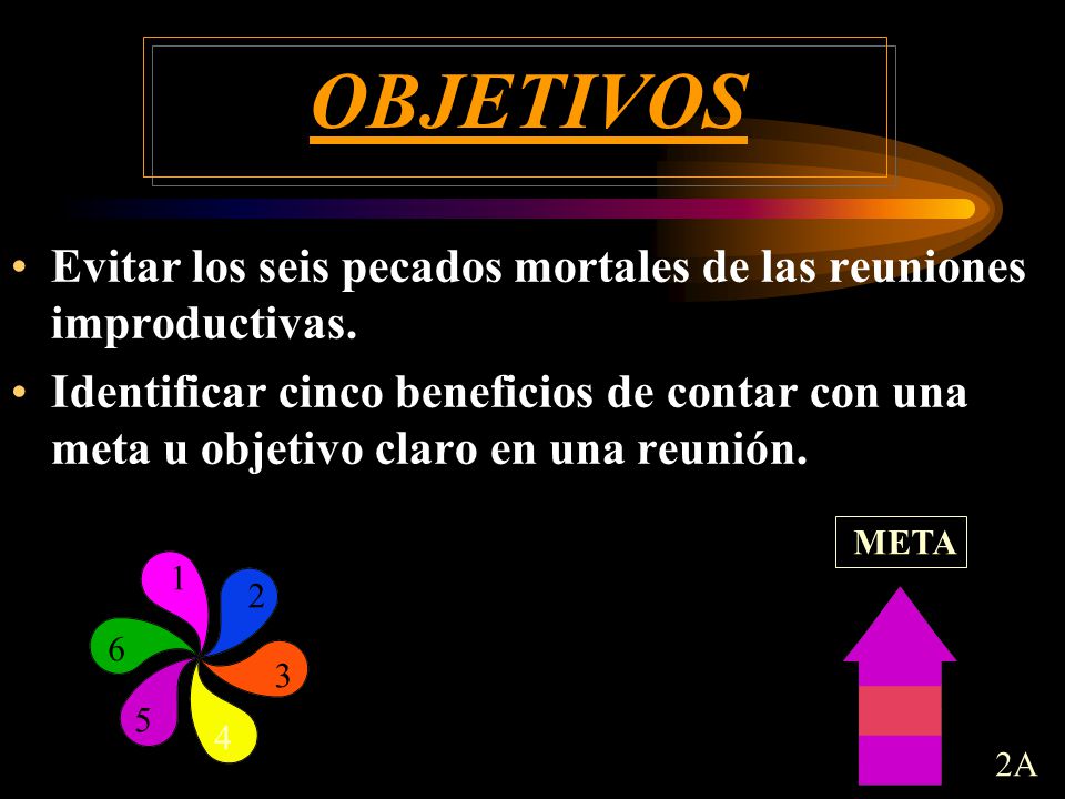 OBJETIVOS Evitar los seis pecados mortales de las reuniones improductivas.