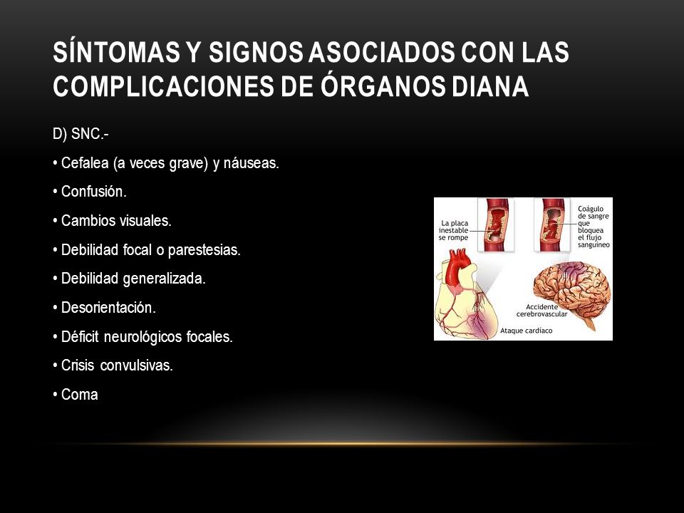 Síntomas y signos asociados con las complicaciones de órganos diana