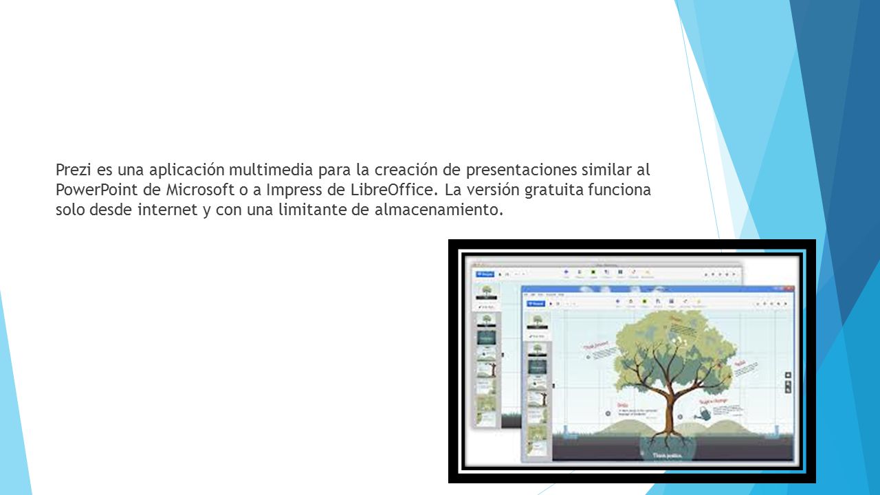 Prezi es una aplicación multimedia para la creación de presentaciones similar al PowerPoint de Microsoft o a Impress de LibreOffice.