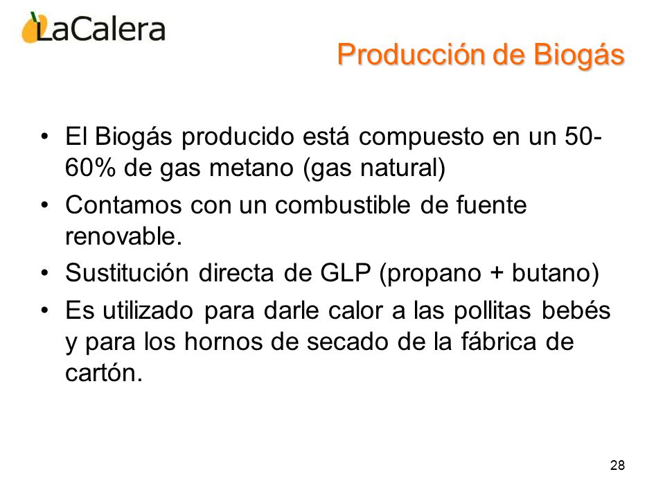 Producción de Biogás El Biogás producido está compuesto en un 50-60% de gas metano (gas natural) Contamos con un combustible de fuente renovable.