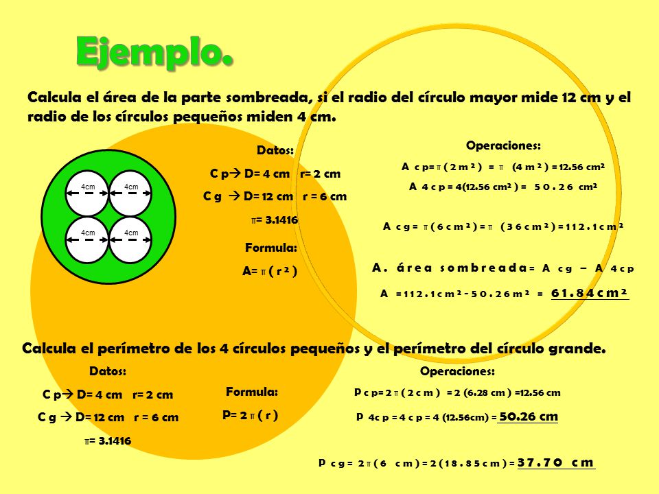 A c g = π(6cm²)=π (36cm²)=112.1cm² área sombreada= A cg – A 4cp