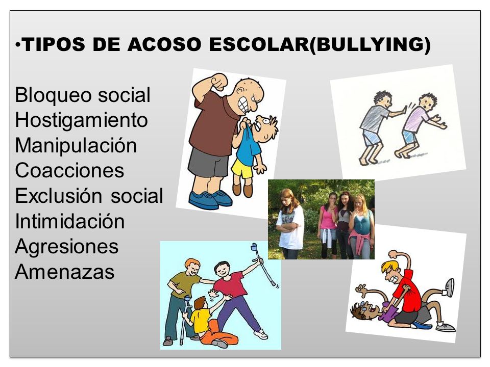 TIPOS DE ACOSO ESCOLAR(BULLYING) Bloqueo social Hostigamiento Manipulación Coacciones Exclusión social Intimidación Agresiones Amenazas