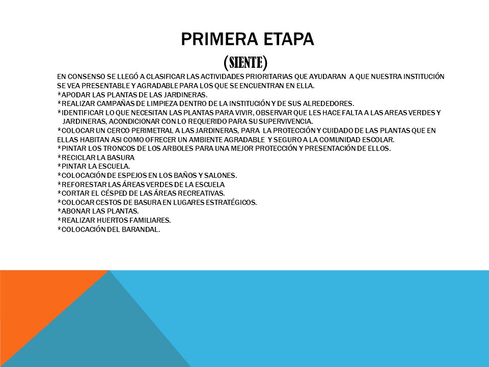 PRIMERA ETAPA (SIENTE) EN CONSENSO SE LLEGÓ A CLASIFICAR LAS ACTIVIDADES PRIORITARIAS QUE AYUDARAN A QUE NUESTRA INSTITUCIÓN SE VEA PRESENTABLE Y AGRADABLE PARA LOS QUE SE ENCUENTRAN EN ELLA.