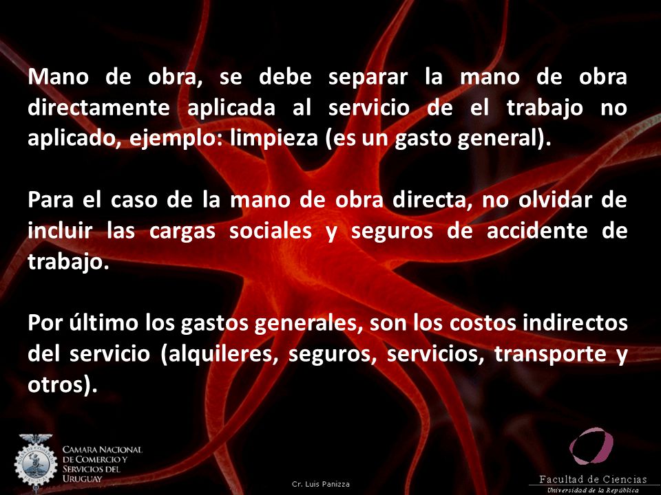Mano de obra, se debe separar la mano de obra directamente aplicada al servicio de el trabajo no aplicado, ejemplo: limpieza (es un gasto general).