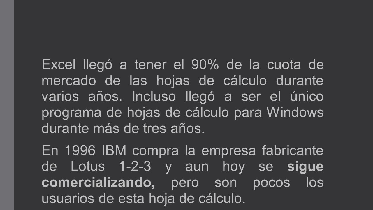 Excel llegó a tener el 90% de la cuota de mercado de las hojas de cálculo durante varios años. Incluso llegó a ser el único programa de hojas de cálculo para Windows durante más de tres años.
