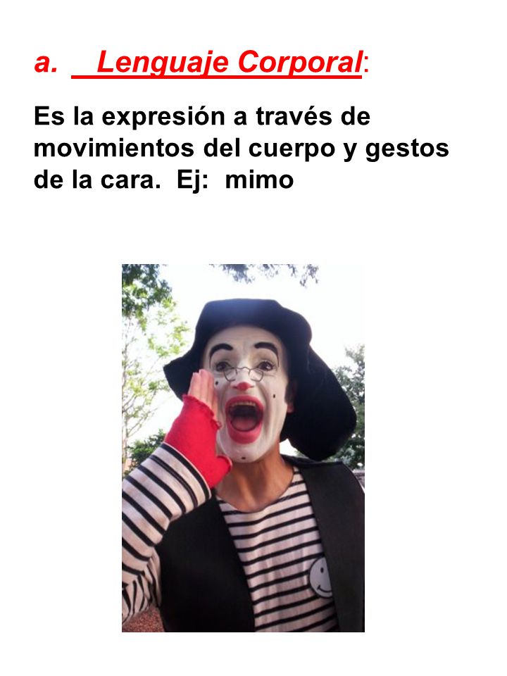 Lenguaje Corporal: Es la expresión a través de movimientos del cuerpo y gestos de la cara.