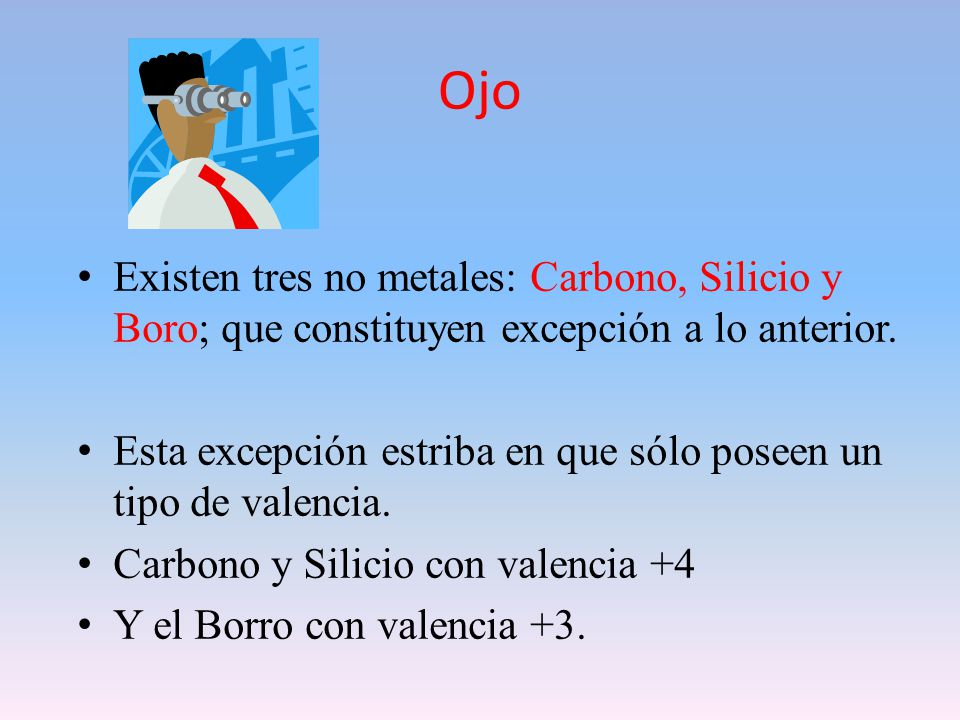 Ojo Existen tres no metales: Carbono, Silicio y Boro; que constituyen excepción a lo anterior.