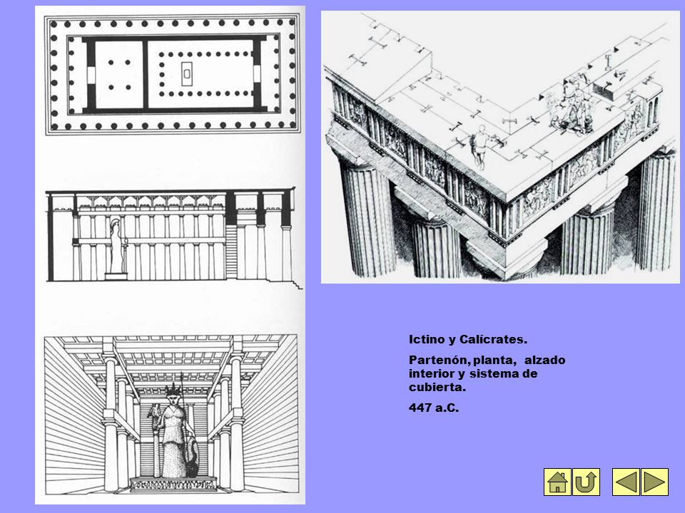 Ictino y Calícrates. Partenón, planta, alzado interior y sistema de cubierta. 447 a.C.
