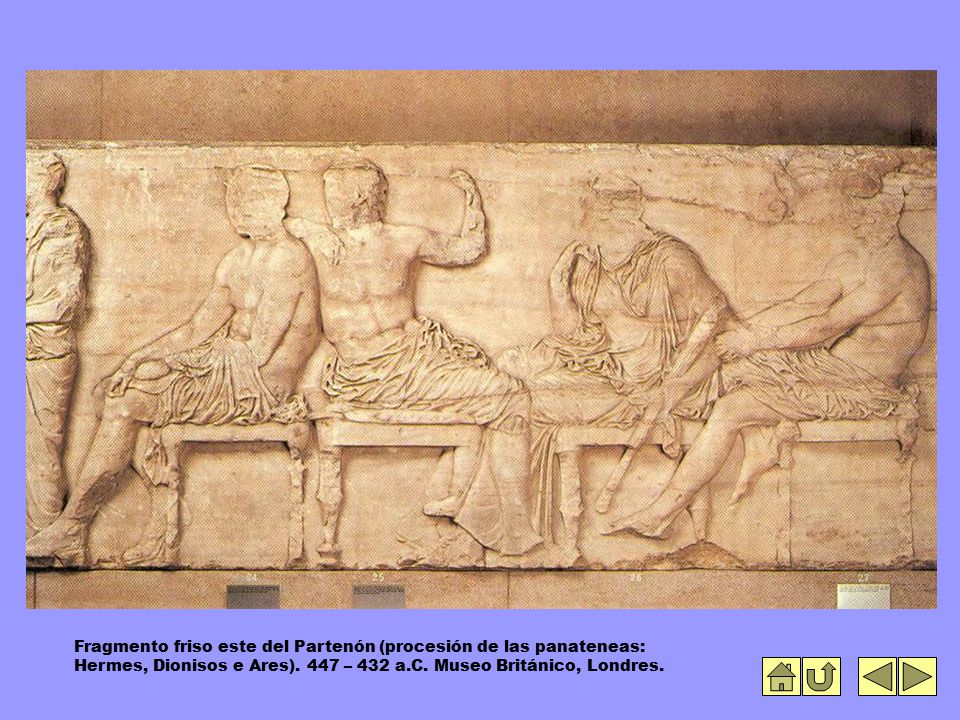 Fragmento friso este del Partenón (procesión de las panateneas: Hermes, Dionisos e Ares).