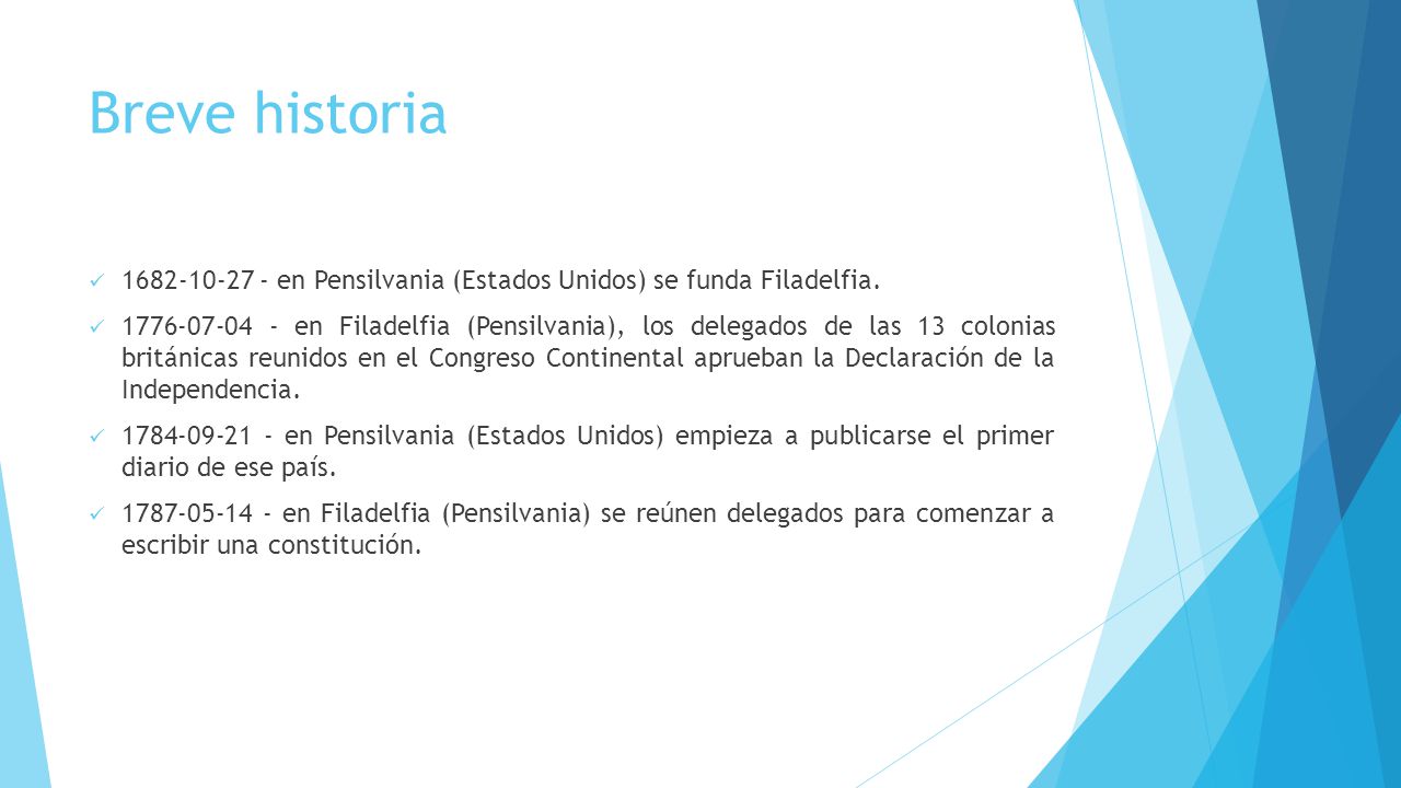 Breve historia en Pensilvania (Estados Unidos) se funda Filadelfia.