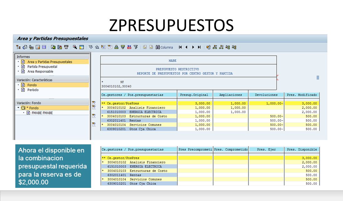 ZPRESUPUESTOS Ahora el disponible en la combinacion presupuestal requerida para la reserva es de $2,