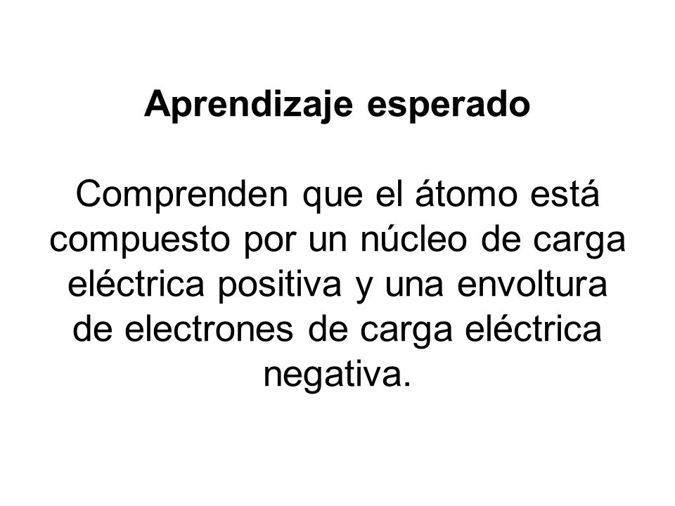 Aprendizaje esperado Comprenden que el átomo está compuesto por un núcleo de carga eléctrica positiva y una envoltura de electrones de carga eléctrica negativa.