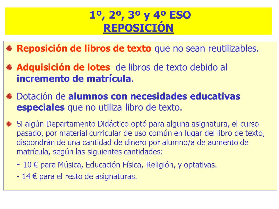 1º, 2º, 3º y 4º ESO REPOSICIÓN. Reposición de libros de texto que no sean reutilizables.