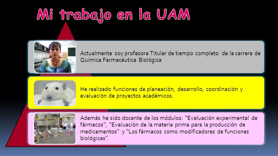 Mi trabajo en la UAM Actualmente soy profesora Titular de tiempo completo de la carrera de Química Farmacéutica Biológica.