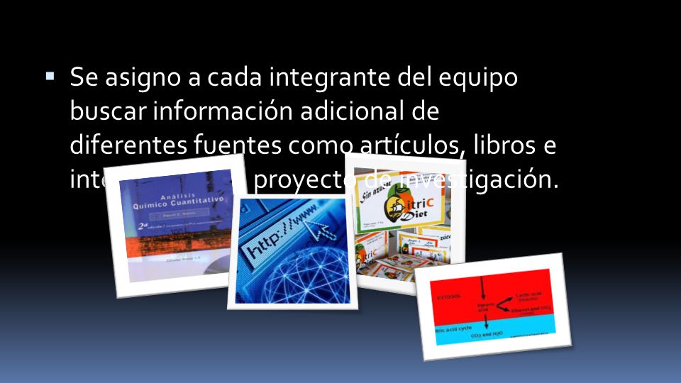 Se asigno a cada integrante del equipo buscar información adicional de diferentes fuentes como artículos, libros e internet para el proyecto de investigación.