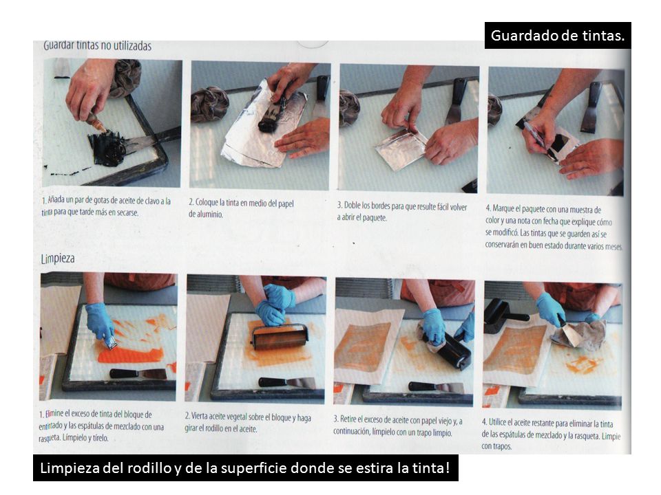 Guardado de tintas. Limpieza del rodillo y de la superficie donde se estira la tinta!