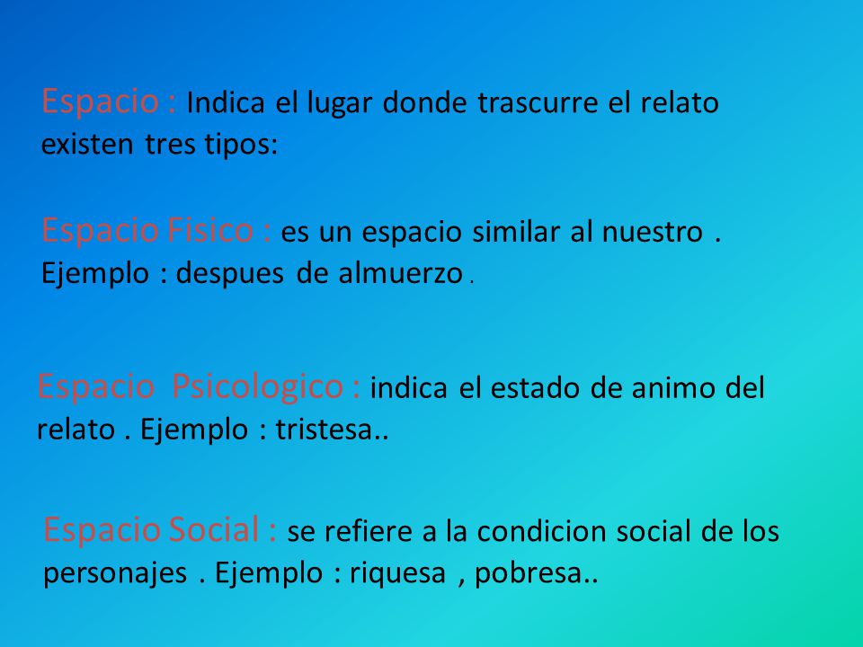 Espacio : Indica el lugar donde trascurre el relato existen tres tipos: