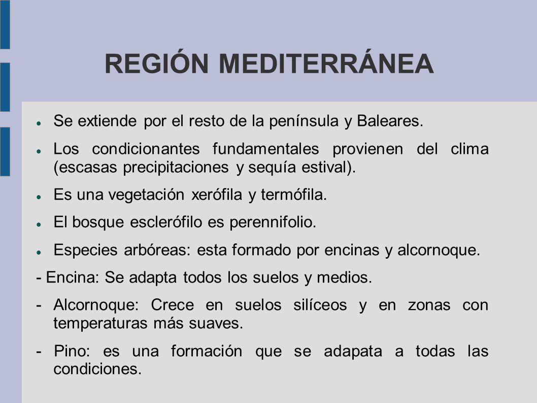REGIÓN MEDITERRÁNEA Se extiende por el resto de la península y Baleares.