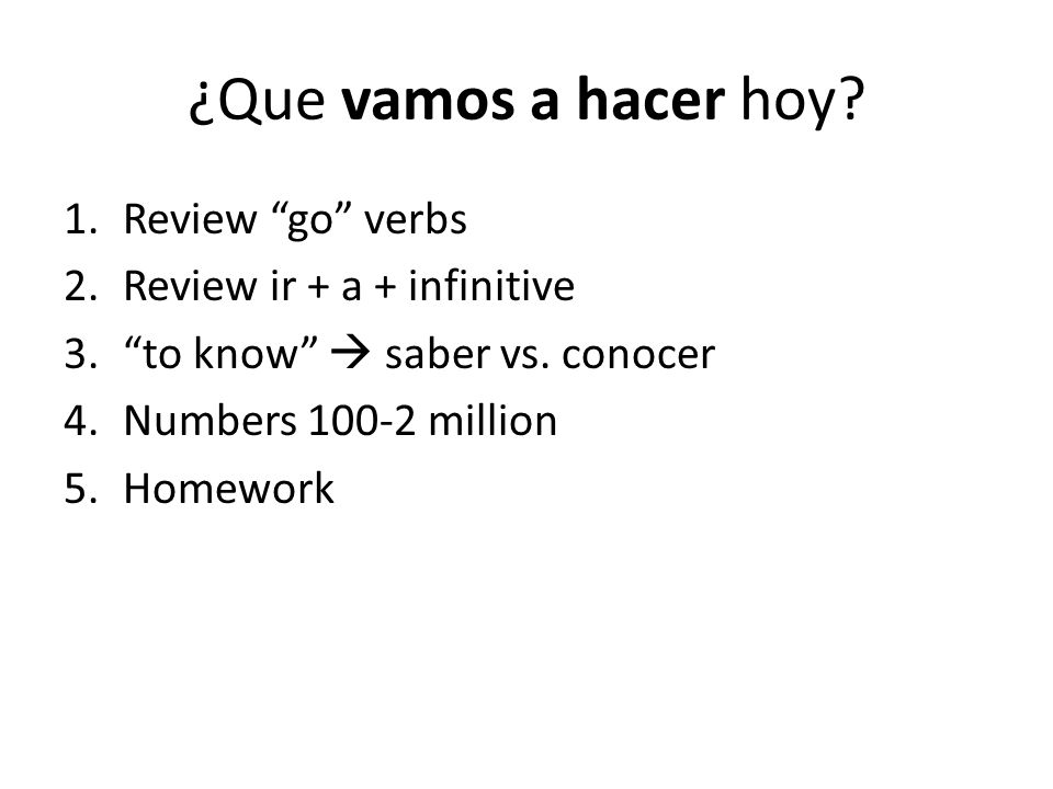 ¿Que vamos a hacer hoy Review go verbs Review ir + a + infinitive