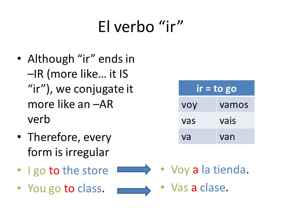 El verbo ir Although ir ends in –IR (more like… it IS ir ), we conjugate it more like an –AR verb.