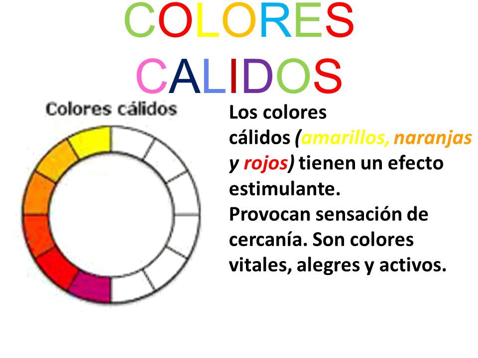 COLORES CALIDOS Los colores cálidos (amarillos, naranjas y rojos) tienen un efecto estimulante.
