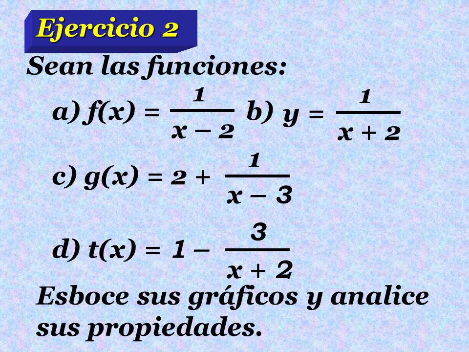 Ejercicio 2 Sean las funciones: 1. x – 2. y = 1. x + 2. b) a) f(x) = 1. x – 3. c) g(x) = 2 +