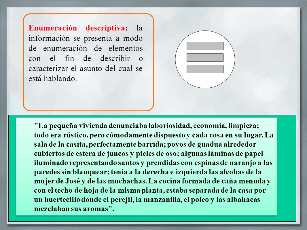 Enumeración descriptiva: la información se presenta a modo de enumeración de elementos con el fin de describir o caracterizar el asunto del cual se está hablando.