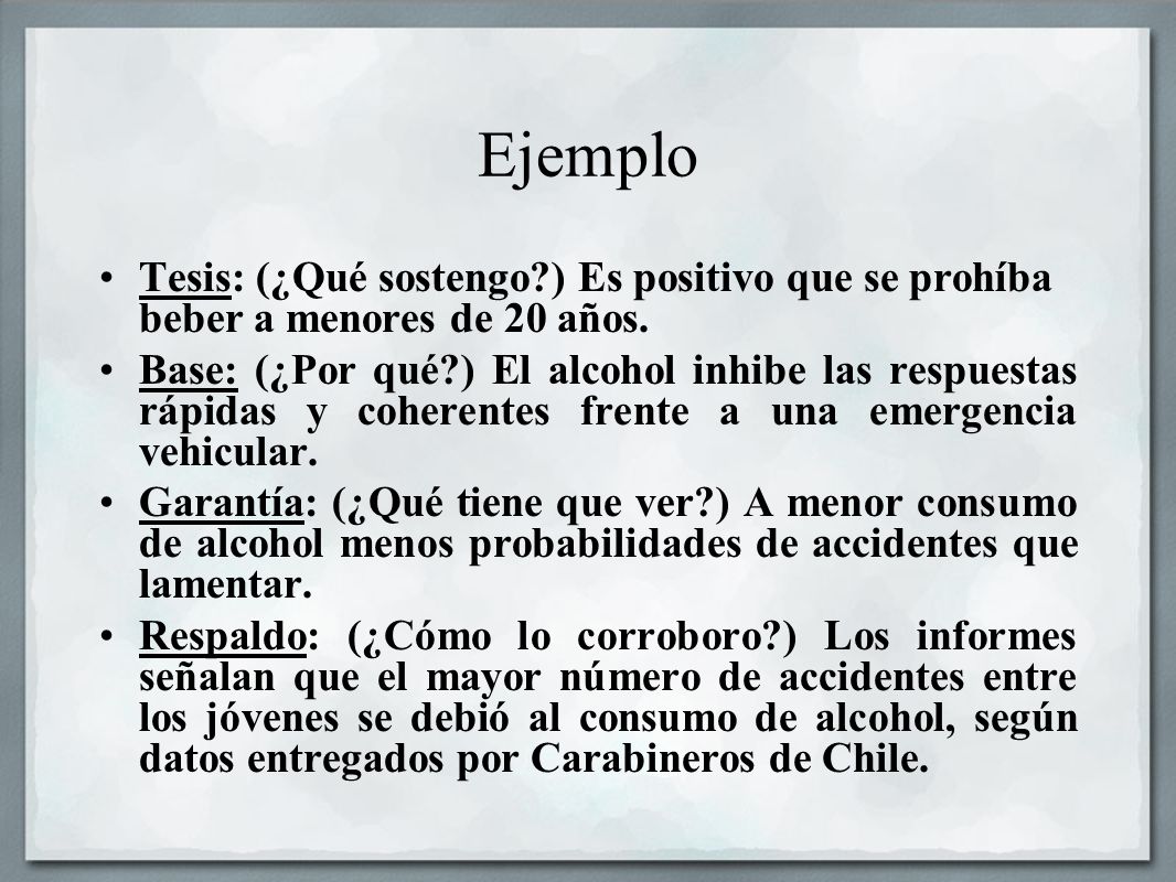 Ejemplo Tesis: (¿Qué sostengo ) Es positivo que se prohíba beber a menores de 20 años.