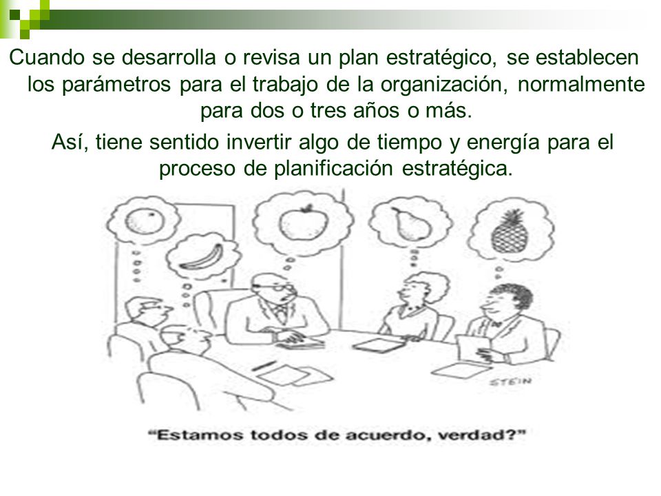 Cuando se desarrolla o revisa un plan estratégico, se establecen los parámetros para el trabajo de la organización, normalmente para dos o tres años o más.